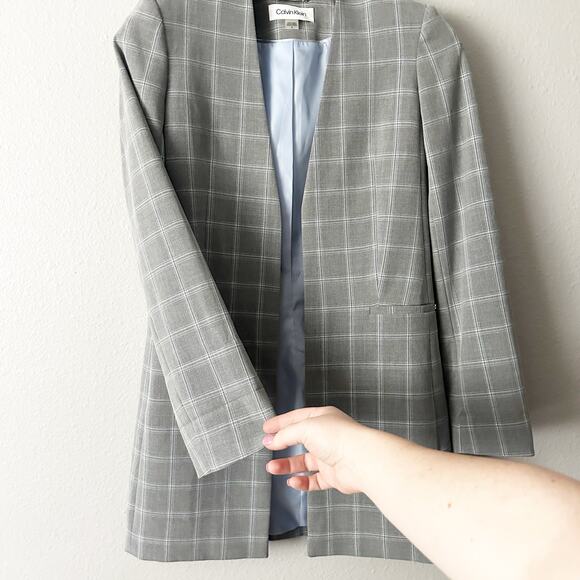 NWOT Calvin Klein Gray & Light Blue Windowpane Suiting Overcoat women’s size 2 - Picture 8 of 11